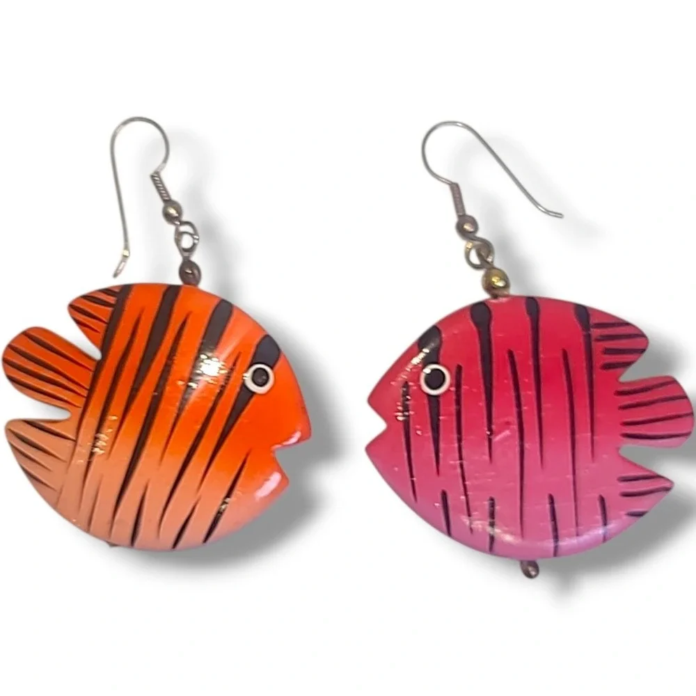 Vintage Colorful Wooden Fish Dangle Earrings Hand‎ Painted Tropical Boho